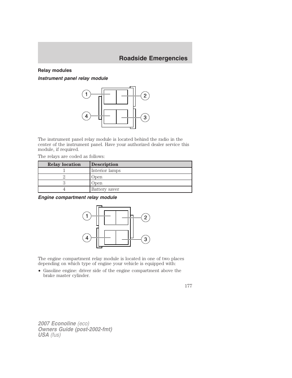 Relay modules, Instrument panel relay module, Engine compartment relay module | Roadside emergencies | FORD 2007 E-450 v.2 User Manual | Page 177 / 264