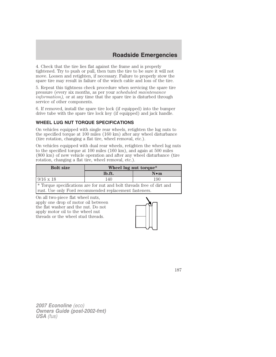 Wheel lug nut torque specifications, Lug nut torque, Roadside emergencies | FORD 2007 E-450 v.2 User Manual | Page 187 / 264