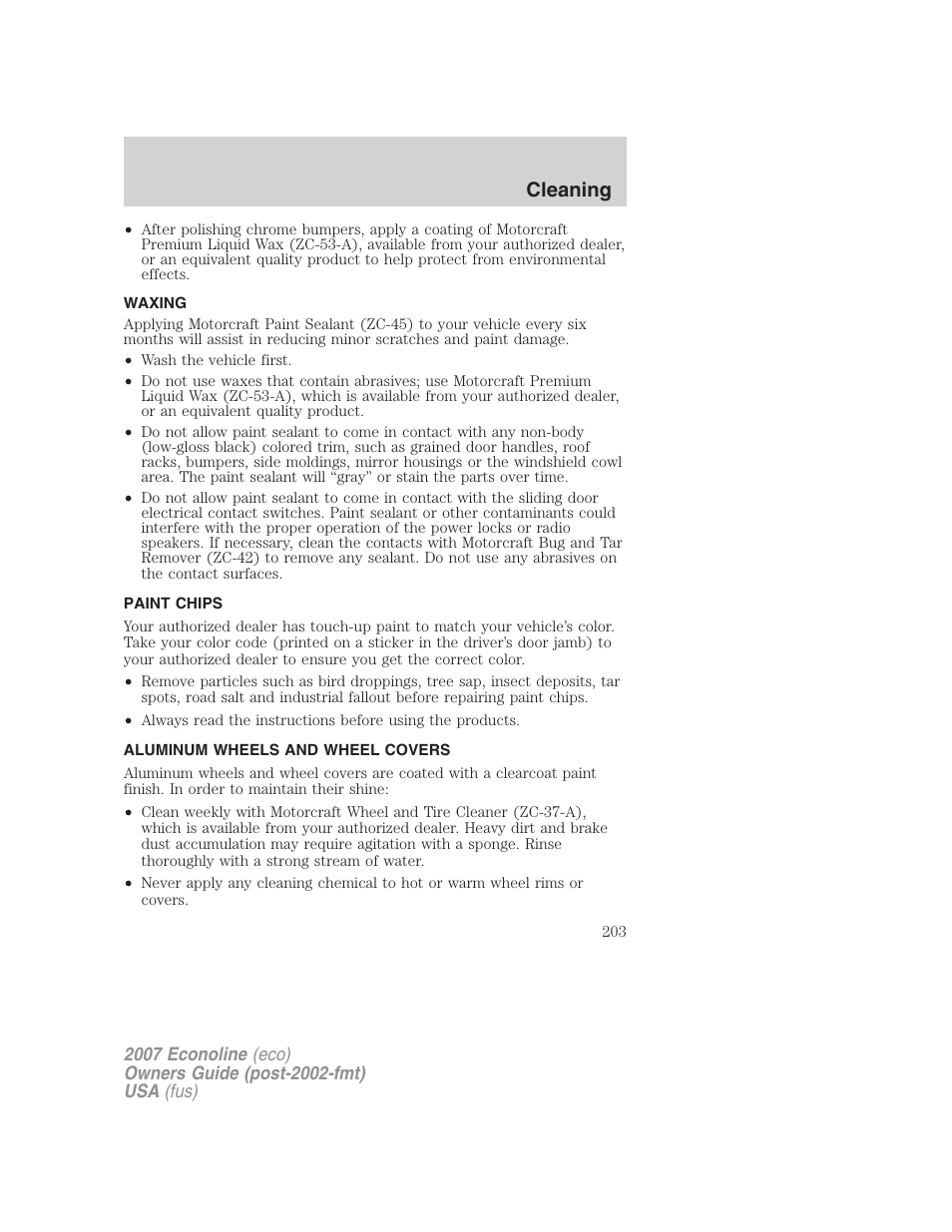 Waxing, Paint chips, Aluminum wheels and wheel covers | Cleaning | FORD 2007 E-450 v.2 User Manual | Page 203 / 264