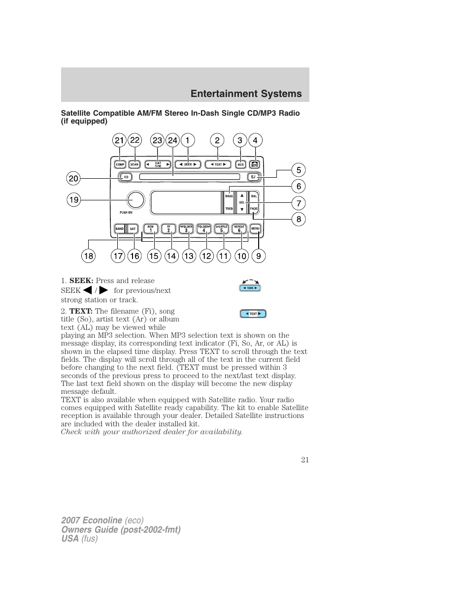 Am/fm stereo with single cd, Entertainment systems | FORD 2007 E-450 v.2 User Manual | Page 21 / 264