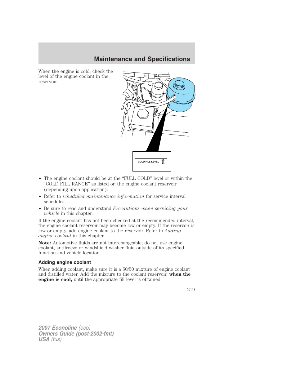 Adding engine coolant, Maintenance and specifications | FORD 2007 E-450 v.2 User Manual | Page 219 / 264