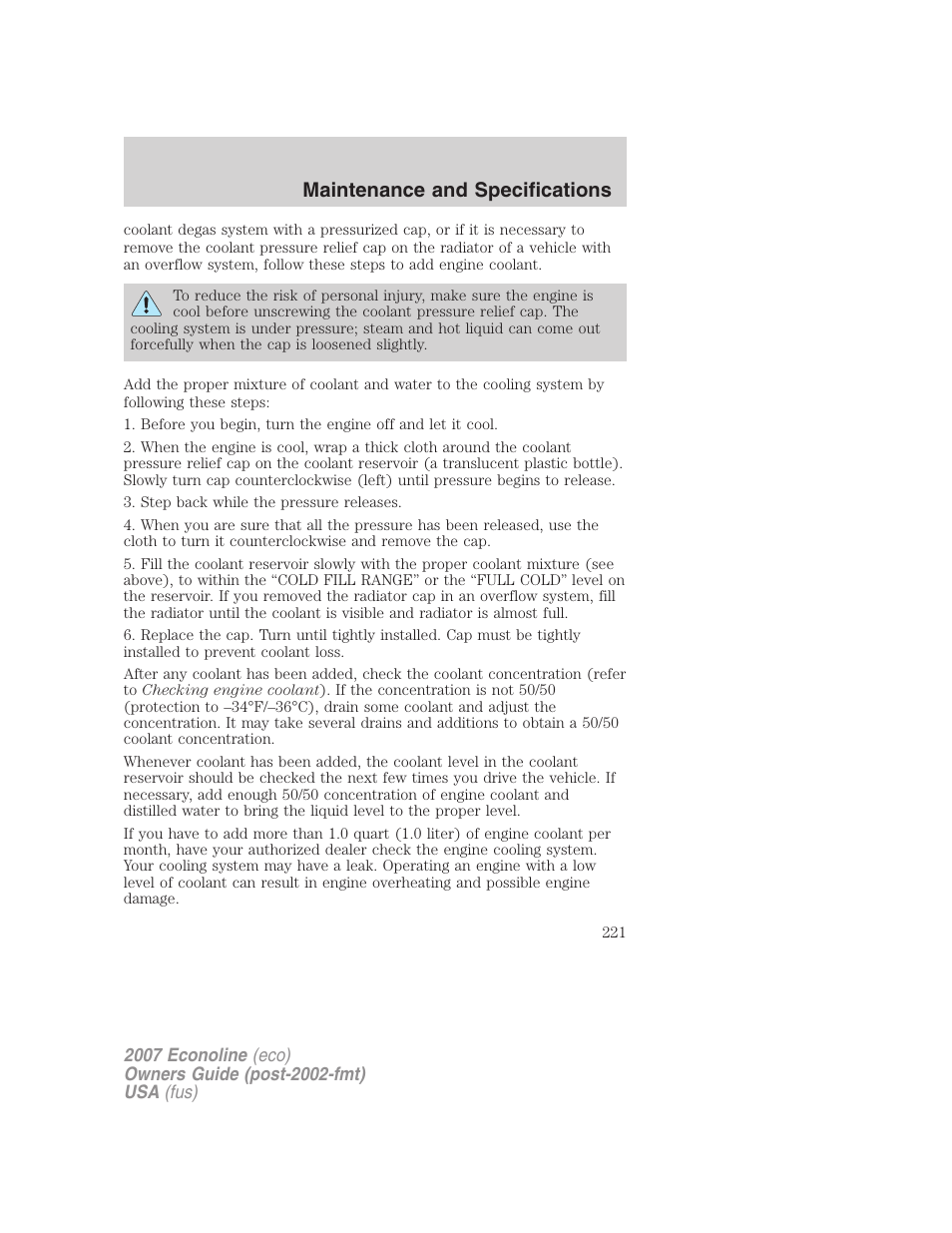 Maintenance and specifications | FORD 2007 E-450 v.2 User Manual | Page 221 / 264