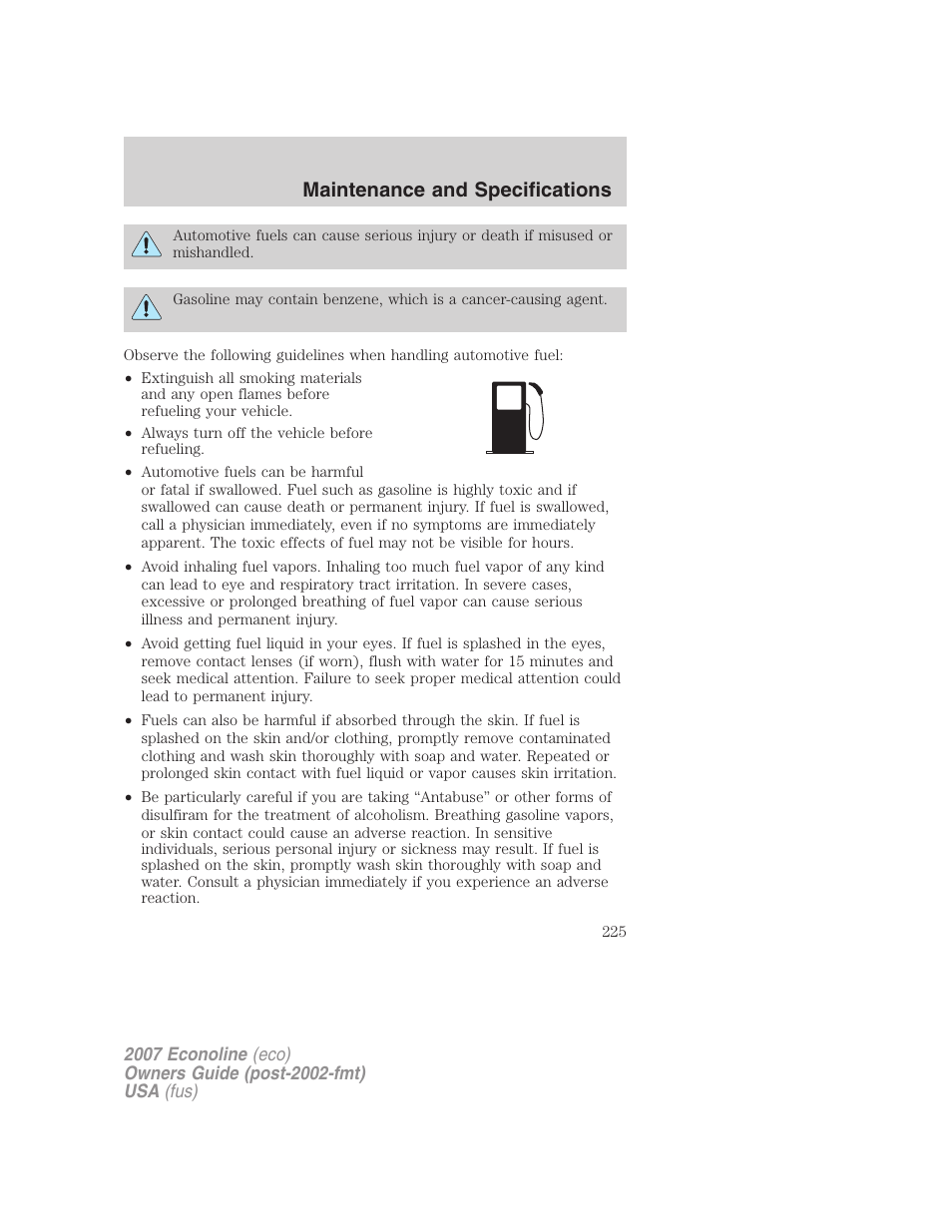 Maintenance and specifications | FORD 2007 E-450 v.2 User Manual | Page 225 / 264