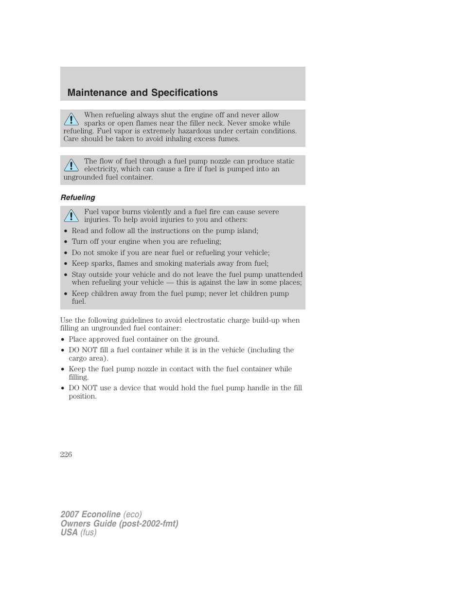 Refueling, Maintenance and specifications | FORD 2007 E-450 v.2 User Manual | Page 226 / 264