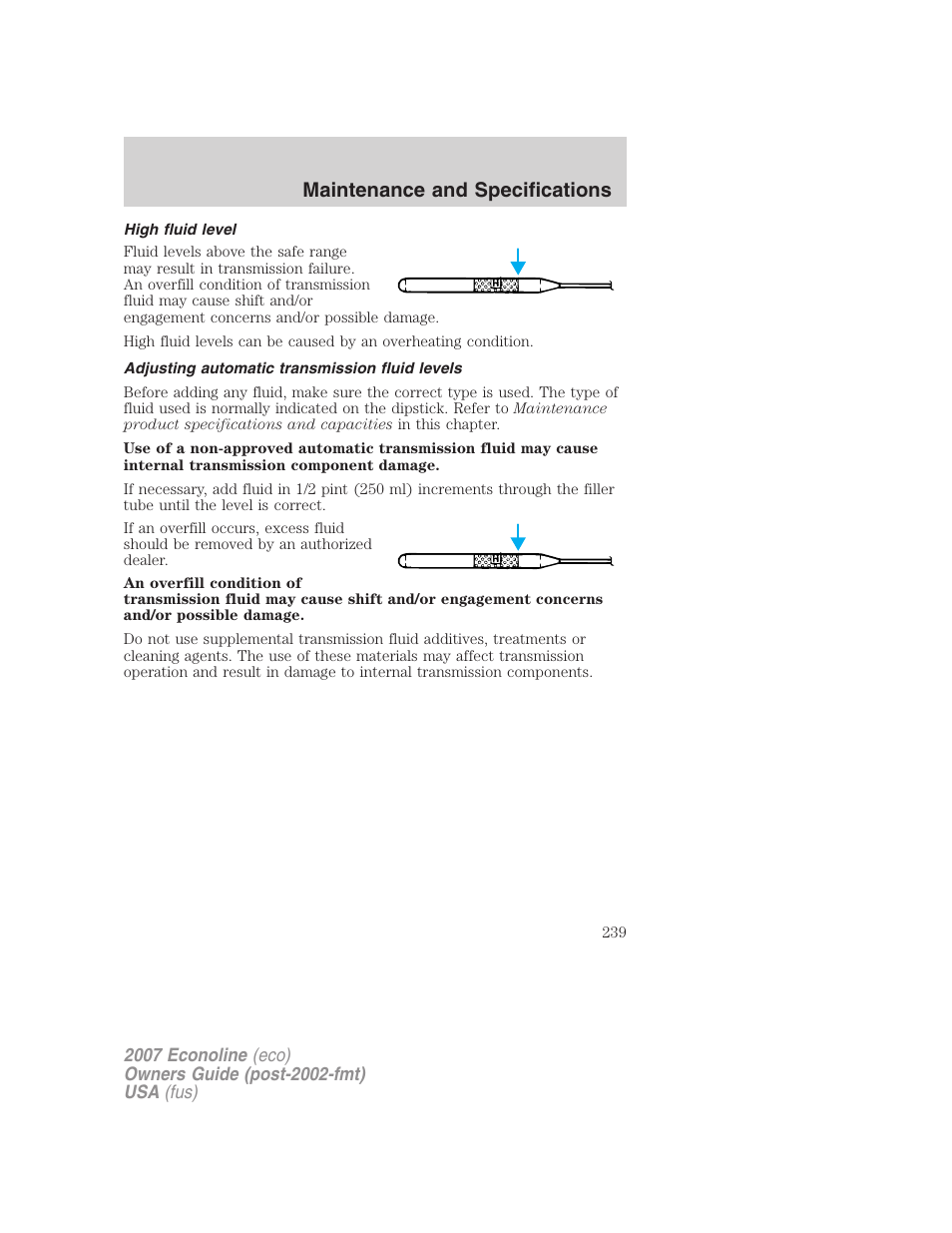 High fluid level, Adjusting automatic transmission fluid levels, Maintenance and specifications | FORD 2007 E-450 v.2 User Manual | Page 239 / 264