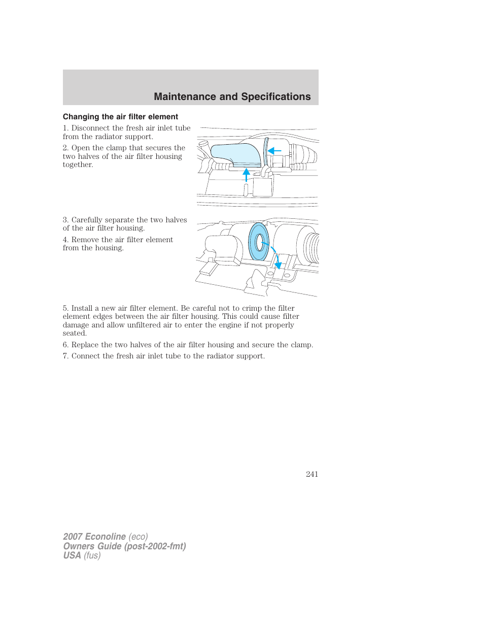 Changing the air filter element, Maintenance and specifications | FORD 2007 E-450 v.2 User Manual | Page 241 / 264