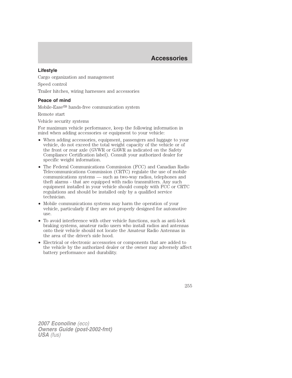 Lifestyle, Peace of mind, Accessories | FORD 2007 E-450 v.2 User Manual | Page 255 / 264