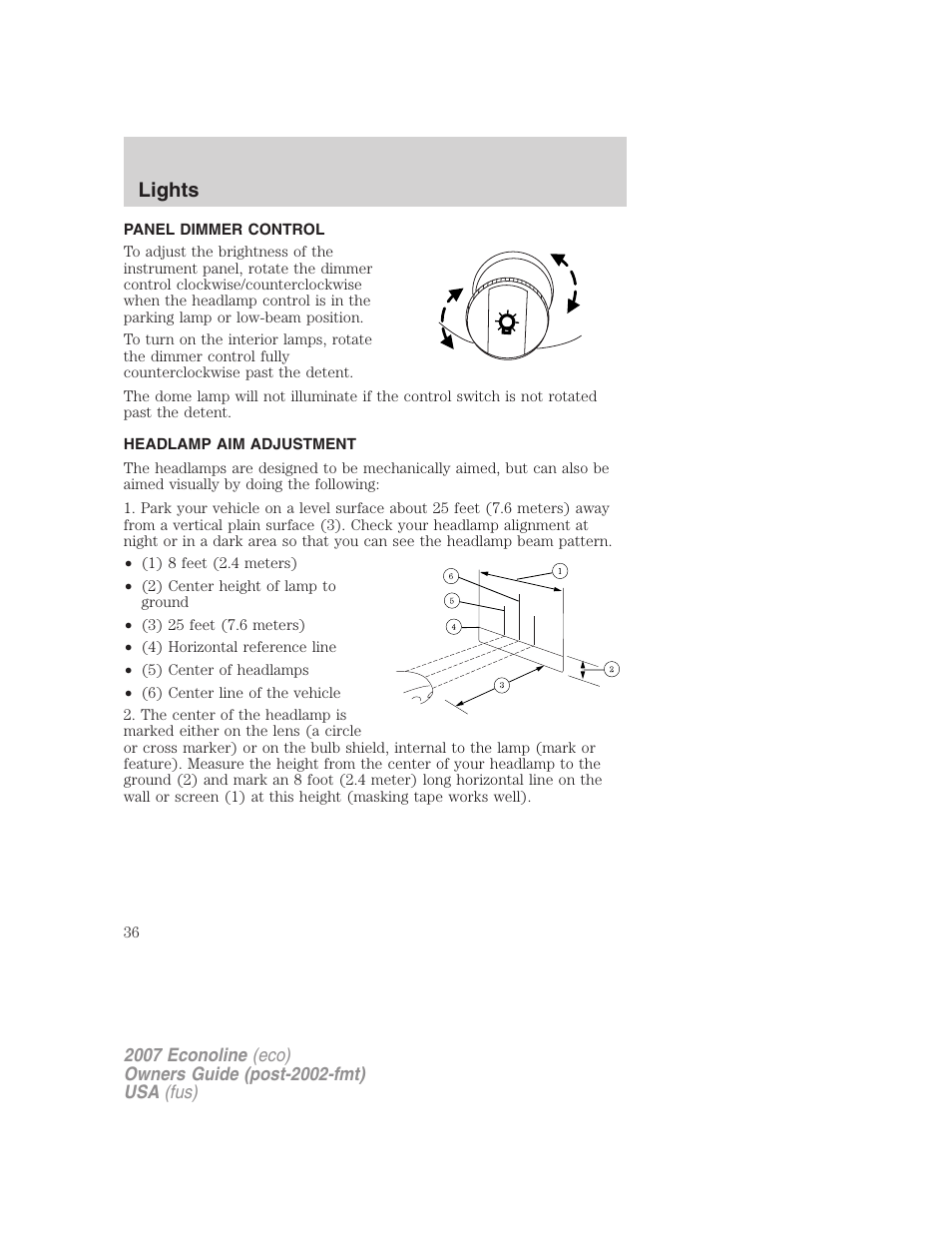 Panel dimmer control, Headlamp aim adjustment, Lights | FORD 2007 E-450 v.2 User Manual | Page 36 / 264