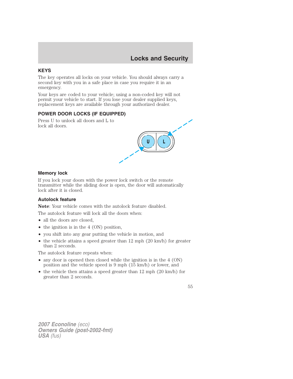 Locks and security, Keys, Power door locks (if equipped) | Memory lock, Autolock feature, Locks | FORD 2007 E-450 v.2 User Manual | Page 55 / 264