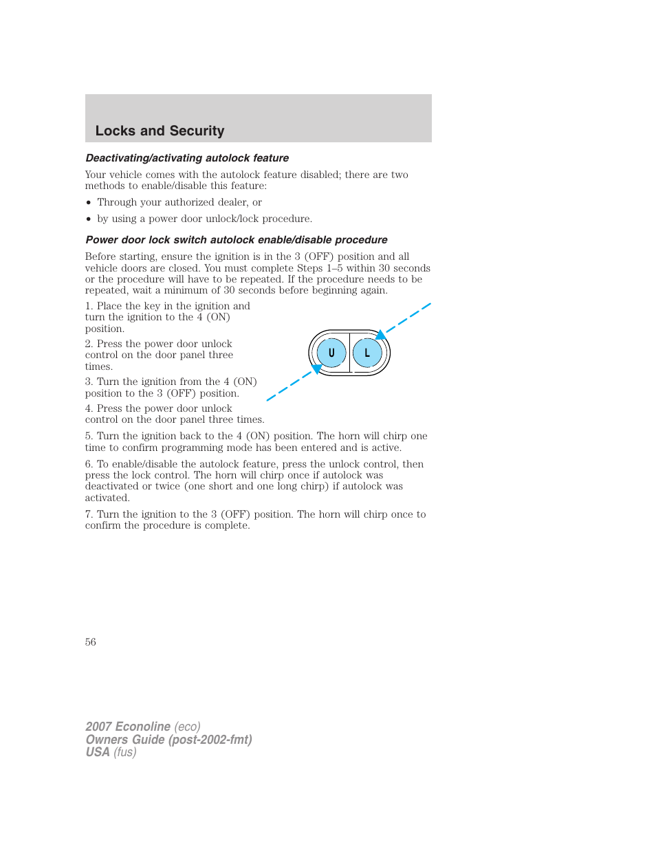 Deactivating/activating autolock feature, Locks and security | FORD 2007 E-450 v.2 User Manual | Page 56 / 264