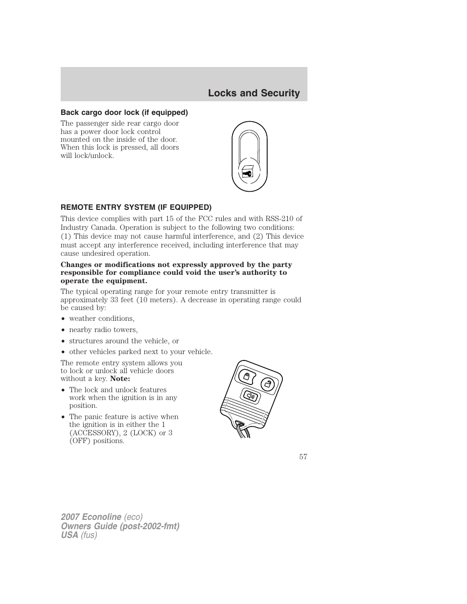 Back cargo door lock (if equipped), Remote entry system (if equipped), Locks and security | FORD 2007 E-450 v.2 User Manual | Page 57 / 264