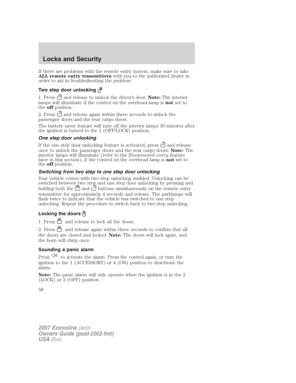 Two step door unlocking, One step door unlocking, Switching from two step to one step door unlocking | Locking the doors, Sounding a panic alarm, Locks and security | FORD 2007 E-450 v.2 User Manual | Page 58 / 264