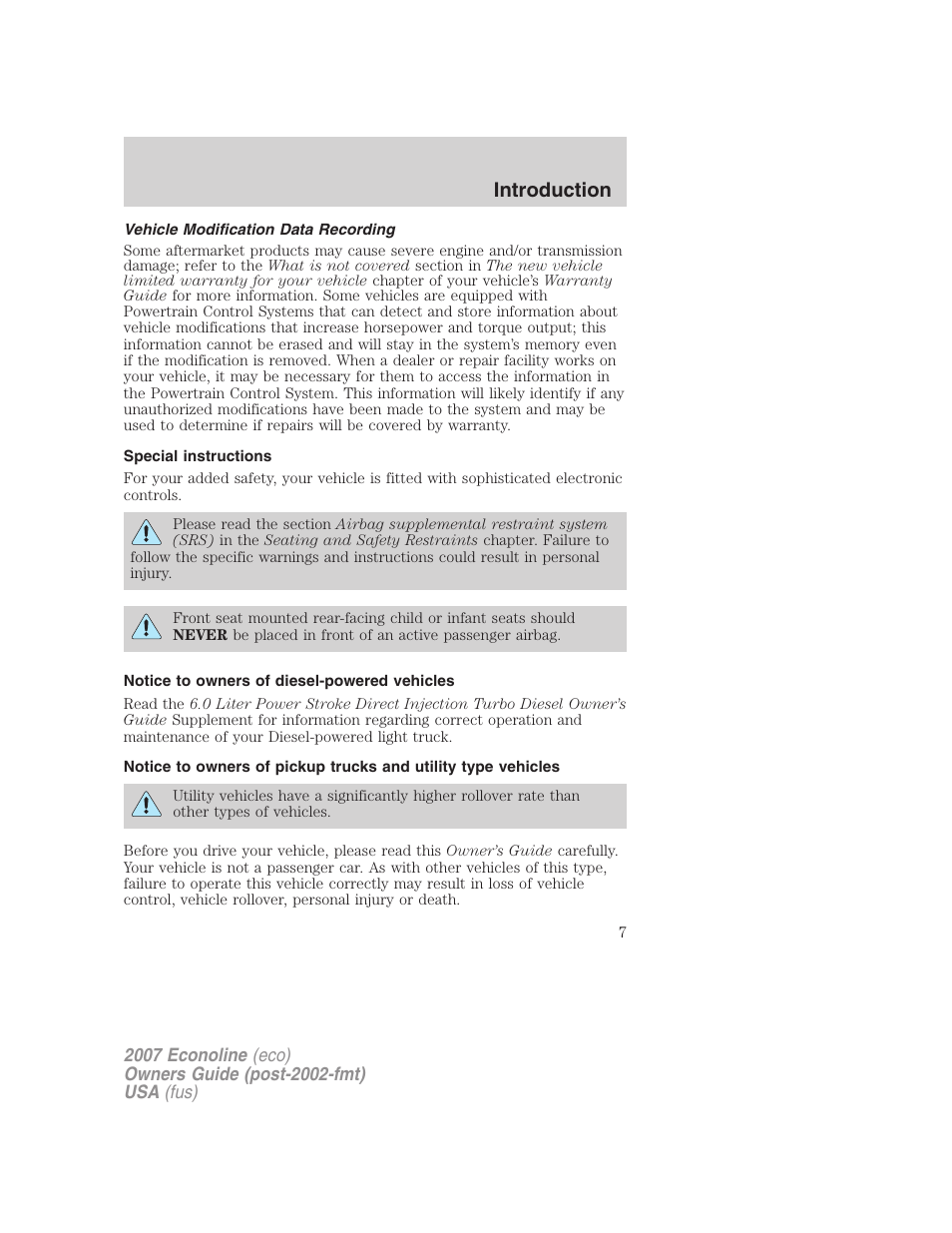 Vehicle modification data recording, Special instructions, Notice to owners of diesel-powered vehicles | Introduction | FORD 2007 E-450 v.2 User Manual | Page 7 / 264