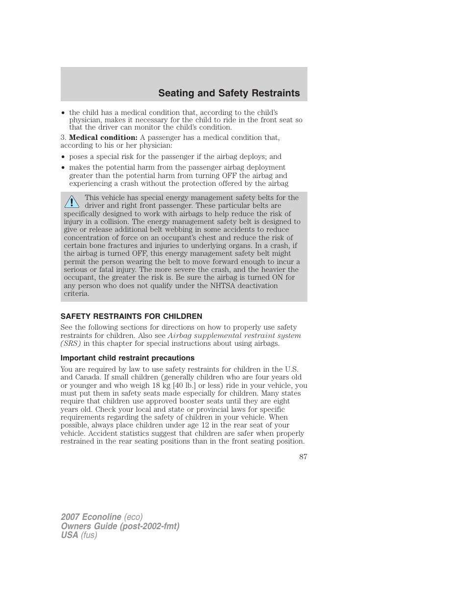 Safety restraints for children, Important child restraint precautions, Child restraints | Seating and safety restraints | FORD 2007 E-450 v.2 User Manual | Page 87 / 264