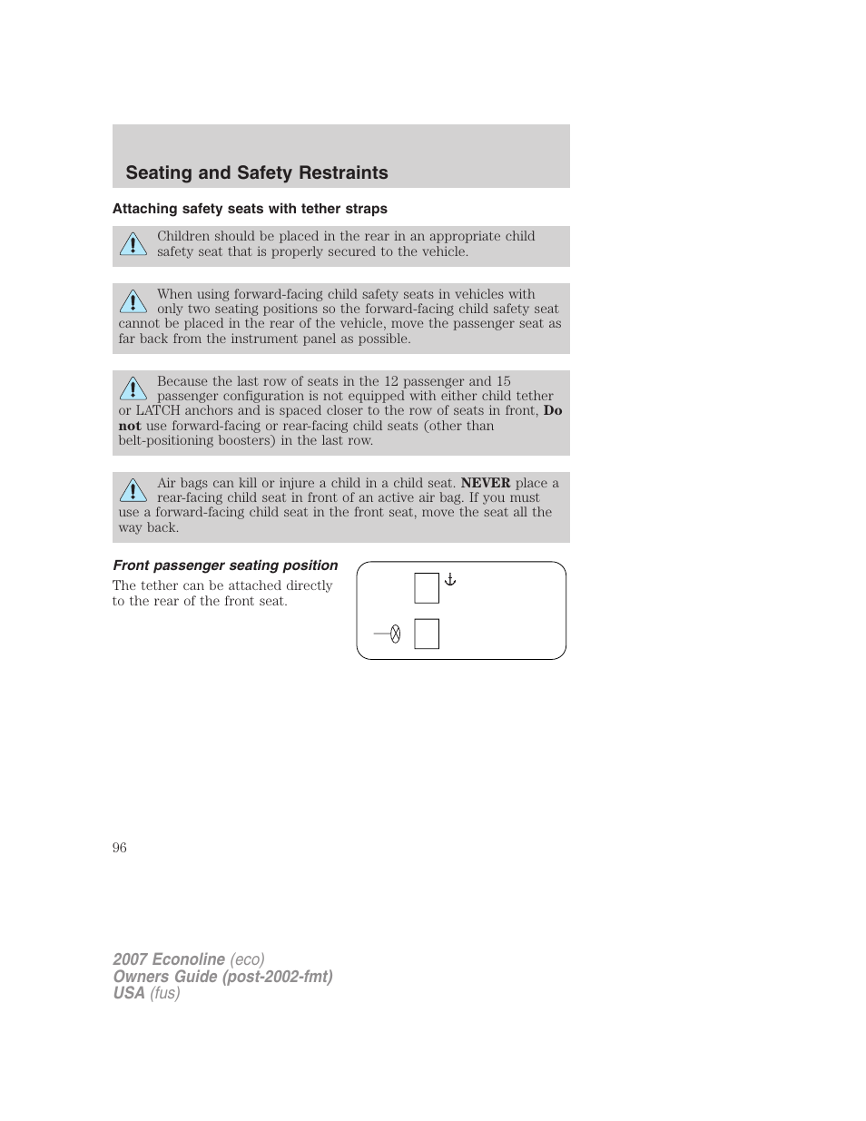 Attaching safety seats with tether straps, Front passenger seating position, Seating and safety restraints | FORD 2007 E-450 v.2 User Manual | Page 96 / 264