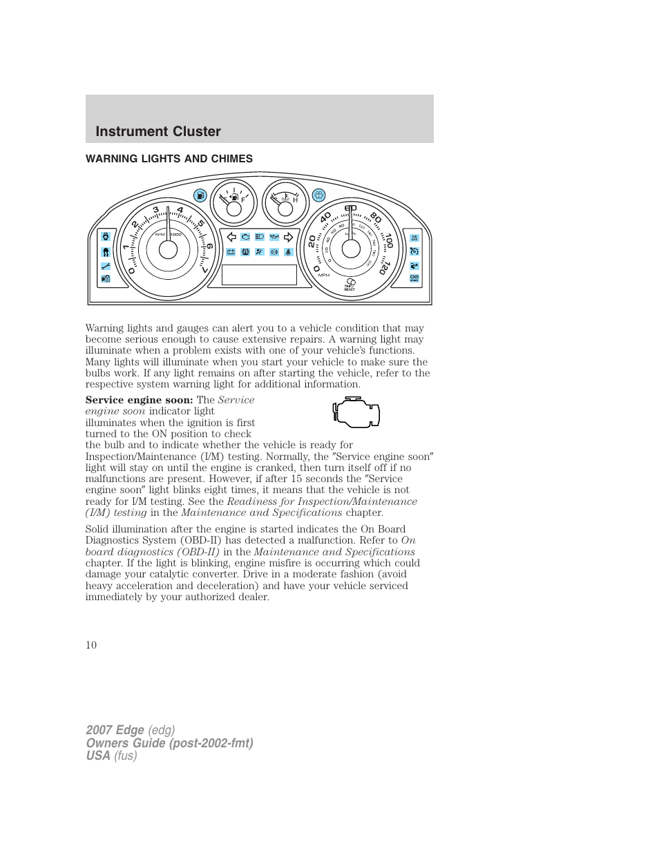 Instrument cluster, Warning lights and chimes | FORD 2007 Edge v.1 User Manual | Page 10 / 312