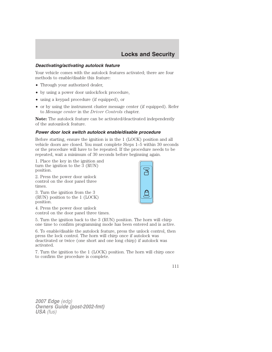 Deactivating/activating autolock feature, Locks and security | FORD 2007 Edge v.1 User Manual | Page 111 / 312