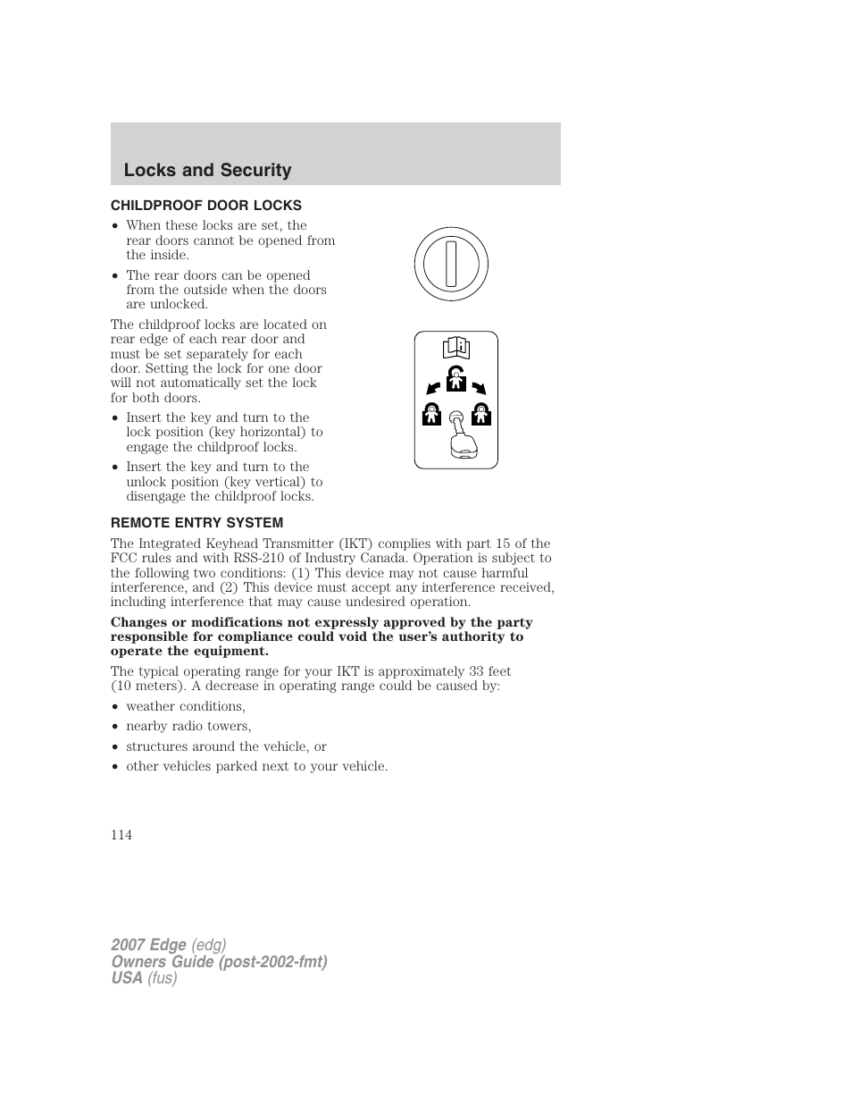 Childproof door locks, Remote entry system, Locks and security | FORD 2007 Edge v.1 User Manual | Page 114 / 312