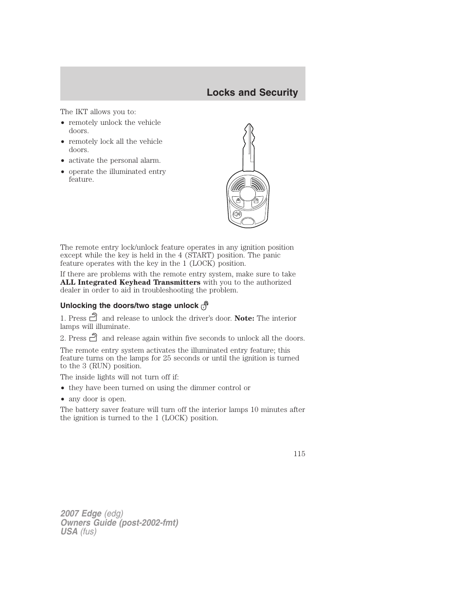 Unlocking the doors/two stage unlock, Locks and security | FORD 2007 Edge v.1 User Manual | Page 115 / 312