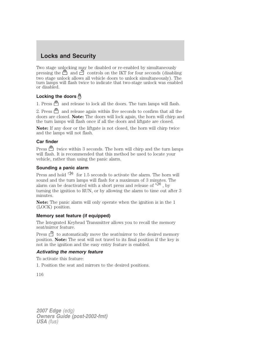 Locking the doors, Car finder, Sounding a panic alarm | Memory seat feature (if equipped), Activating the memory feature, Locks and security | FORD 2007 Edge v.1 User Manual | Page 116 / 312