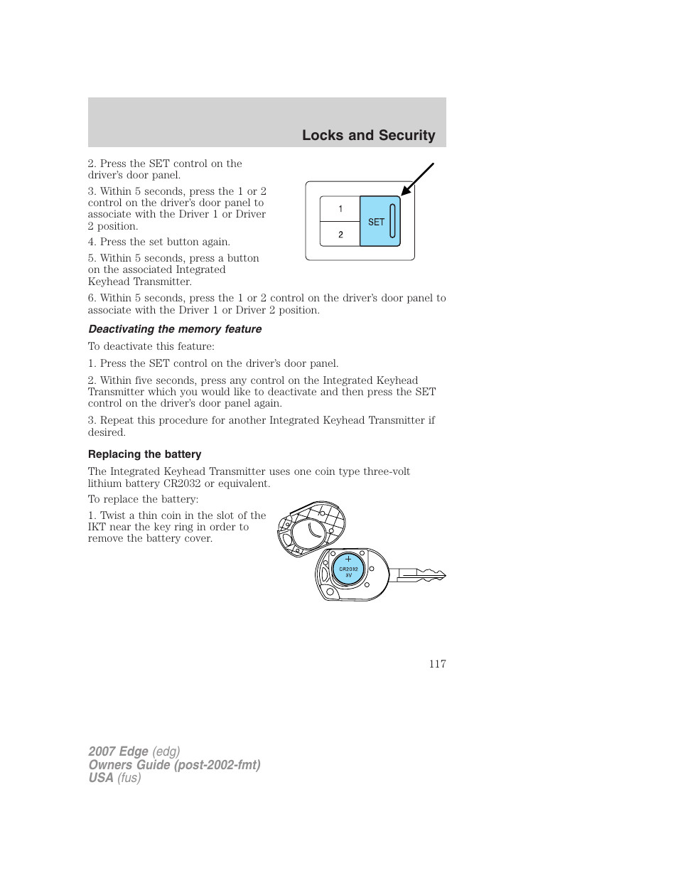 Deactivating the memory feature, Replacing the battery, Locks and security | FORD 2007 Edge v.1 User Manual | Page 117 / 312