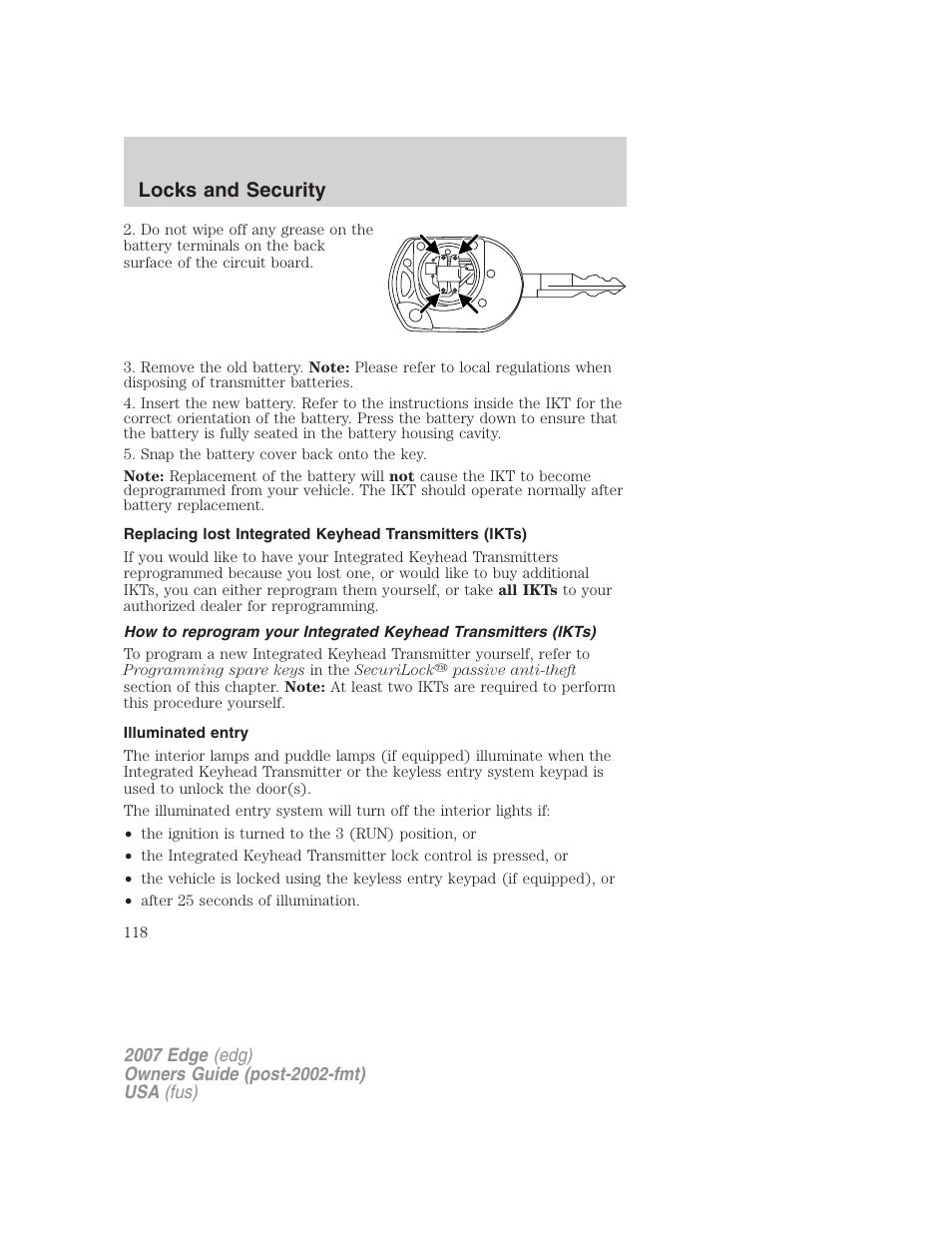 Illuminated entry, Locks and security | FORD 2007 Edge v.1 User Manual | Page 118 / 312