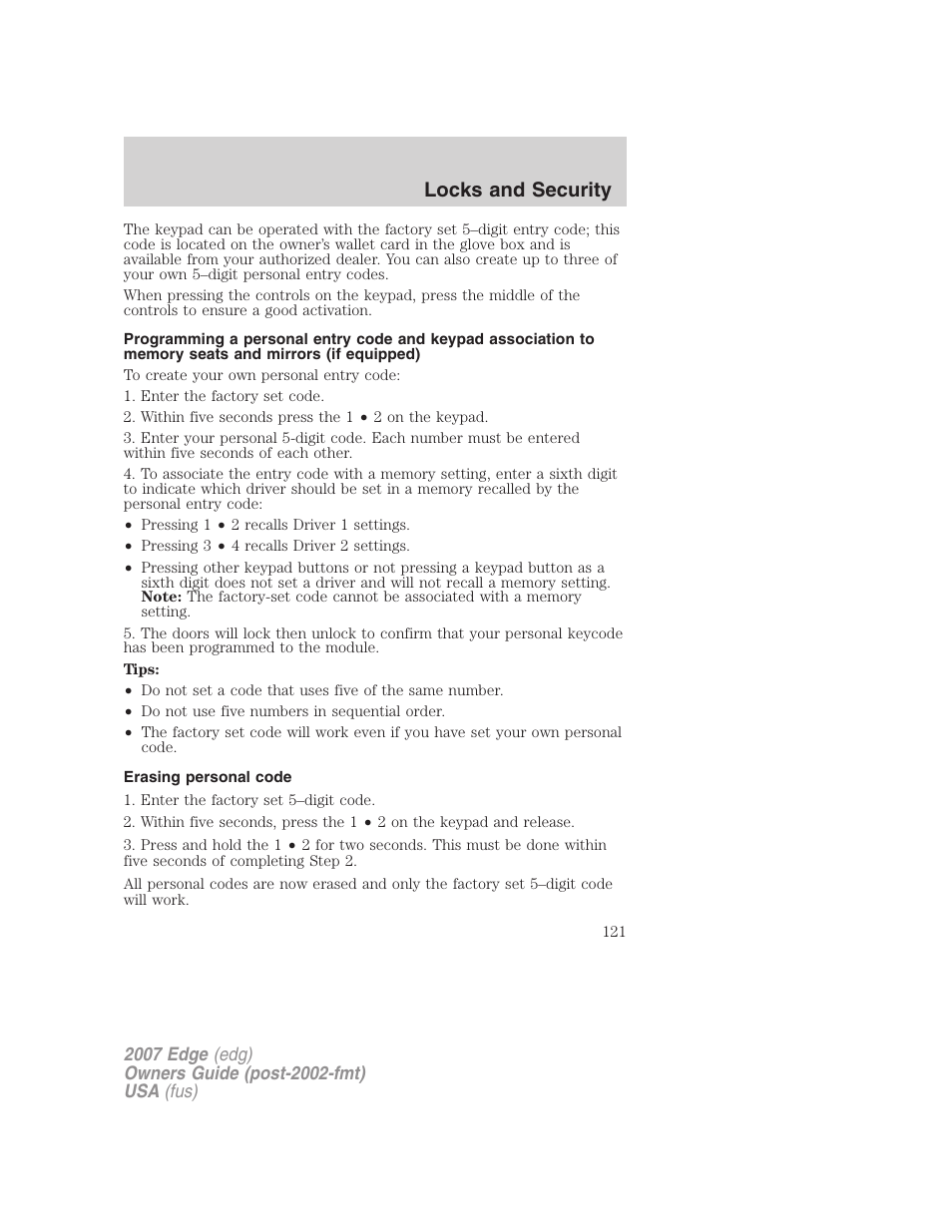 Erasing personal code, Locks and security | FORD 2007 Edge v.1 User Manual | Page 121 / 312