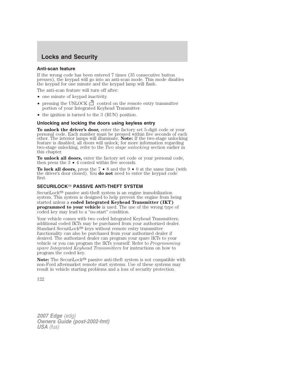 Anti-scan feature, Securilock passive anti-theft system, Anti-theft system | Locks and security | FORD 2007 Edge v.1 User Manual | Page 122 / 312