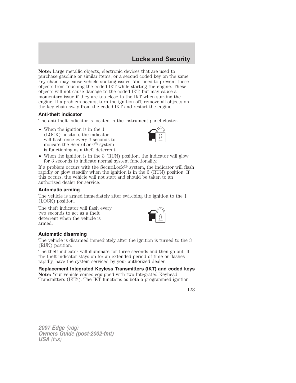 Anti-theft indicator, Automatic arming, Automatic disarming | Locks and security | FORD 2007 Edge v.1 User Manual | Page 123 / 312