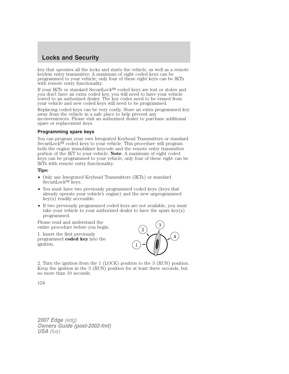 Programming spare keys, Locks and security | FORD 2007 Edge v.1 User Manual | Page 124 / 312