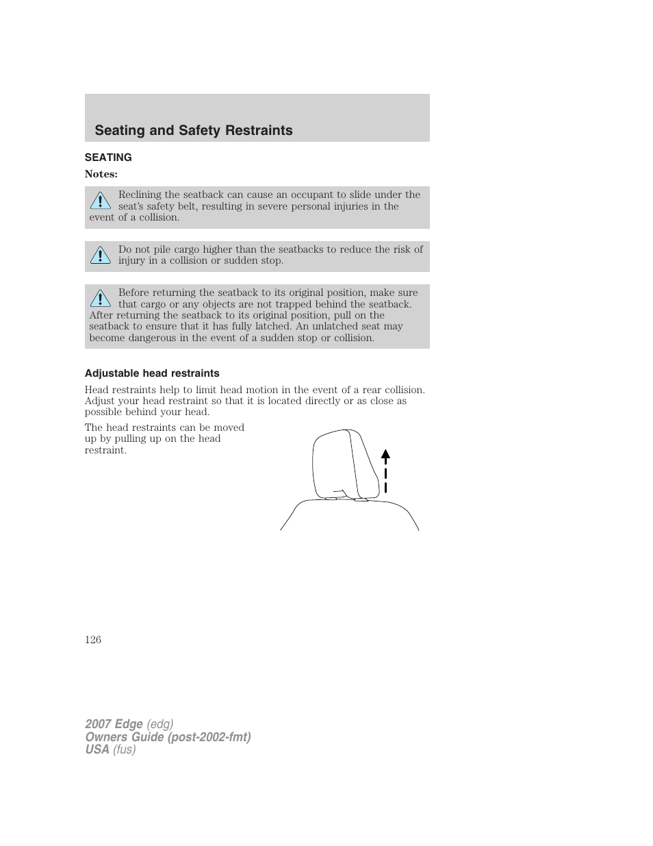 Seating and safety restraints, Seating, Adjustable head restraints | FORD 2007 Edge v.1 User Manual | Page 126 / 312