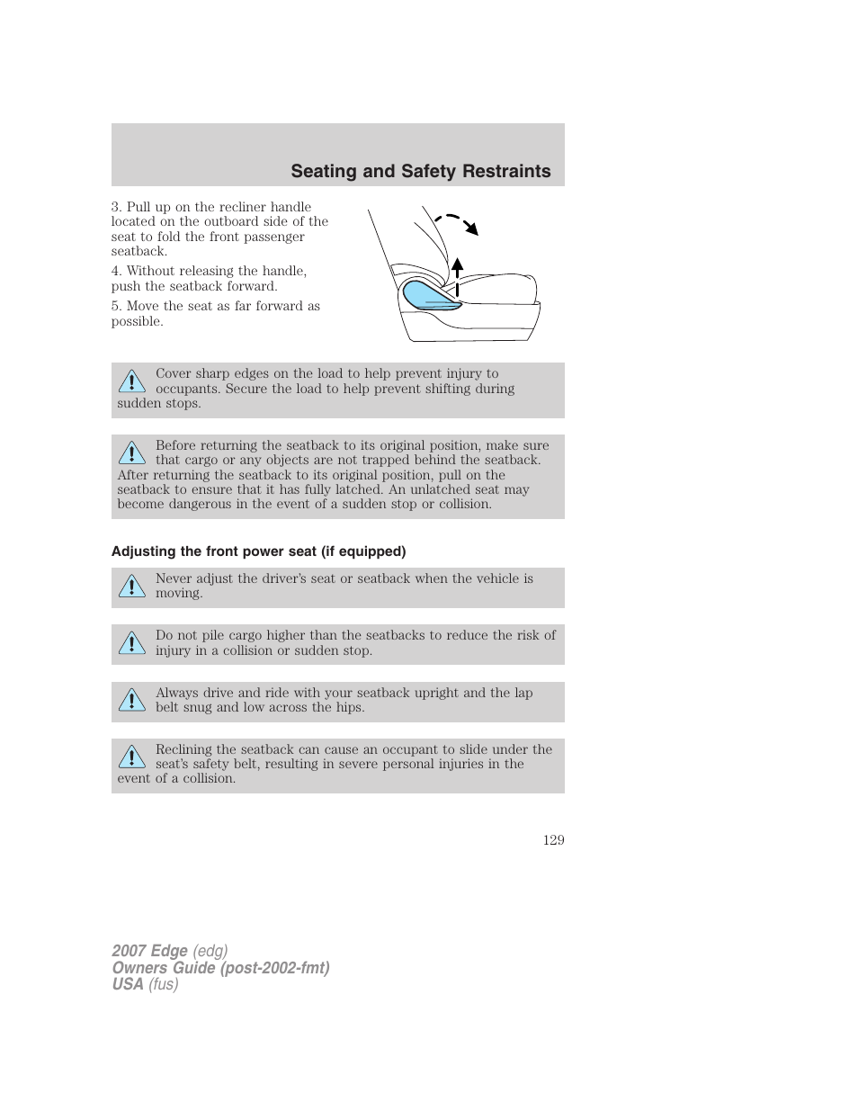 Adjusting the front power seat (if equipped), Seating and safety restraints | FORD 2007 Edge v.1 User Manual | Page 129 / 312