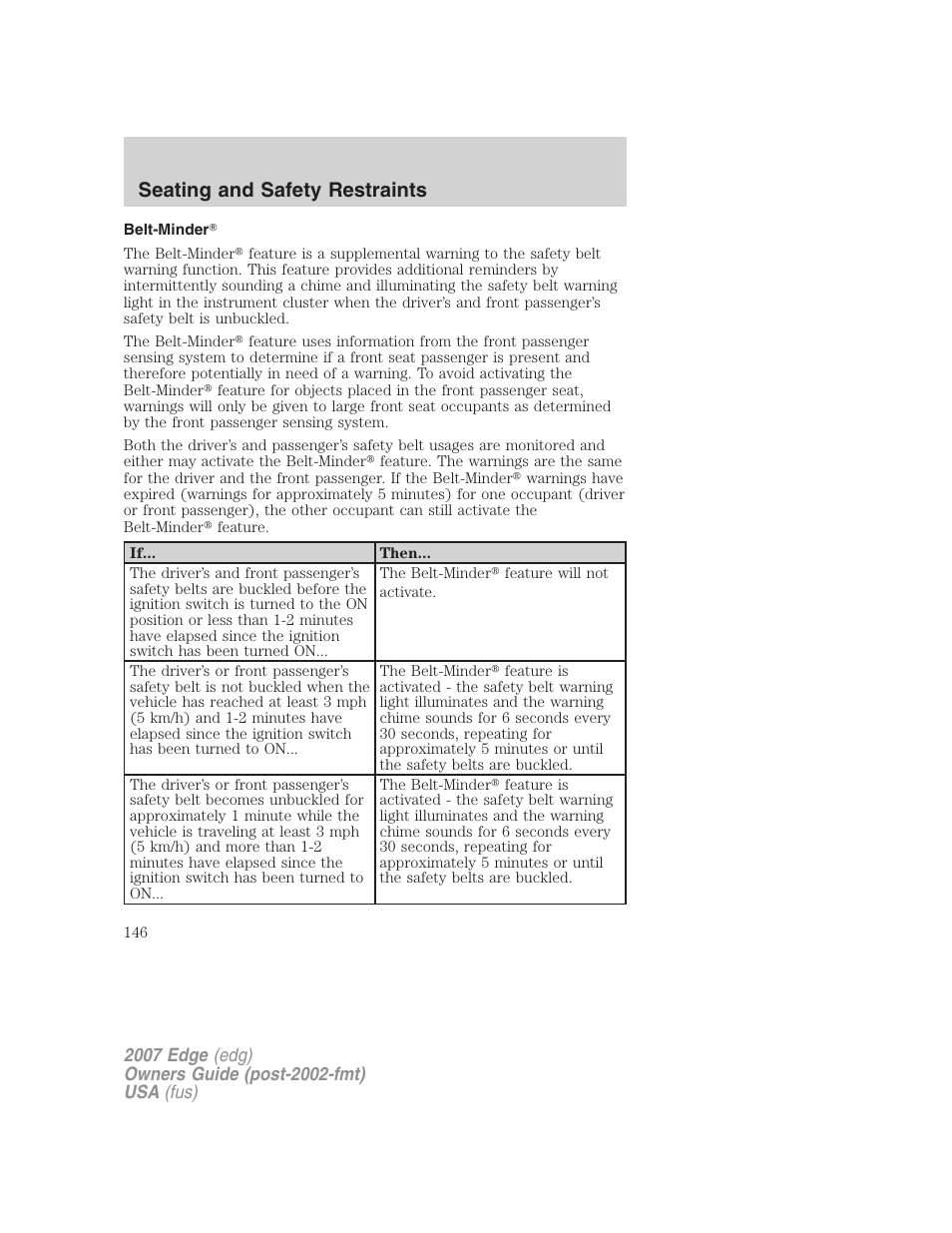 Belt-minder, Seating and safety restraints | FORD 2007 Edge v.1 User Manual | Page 146 / 312