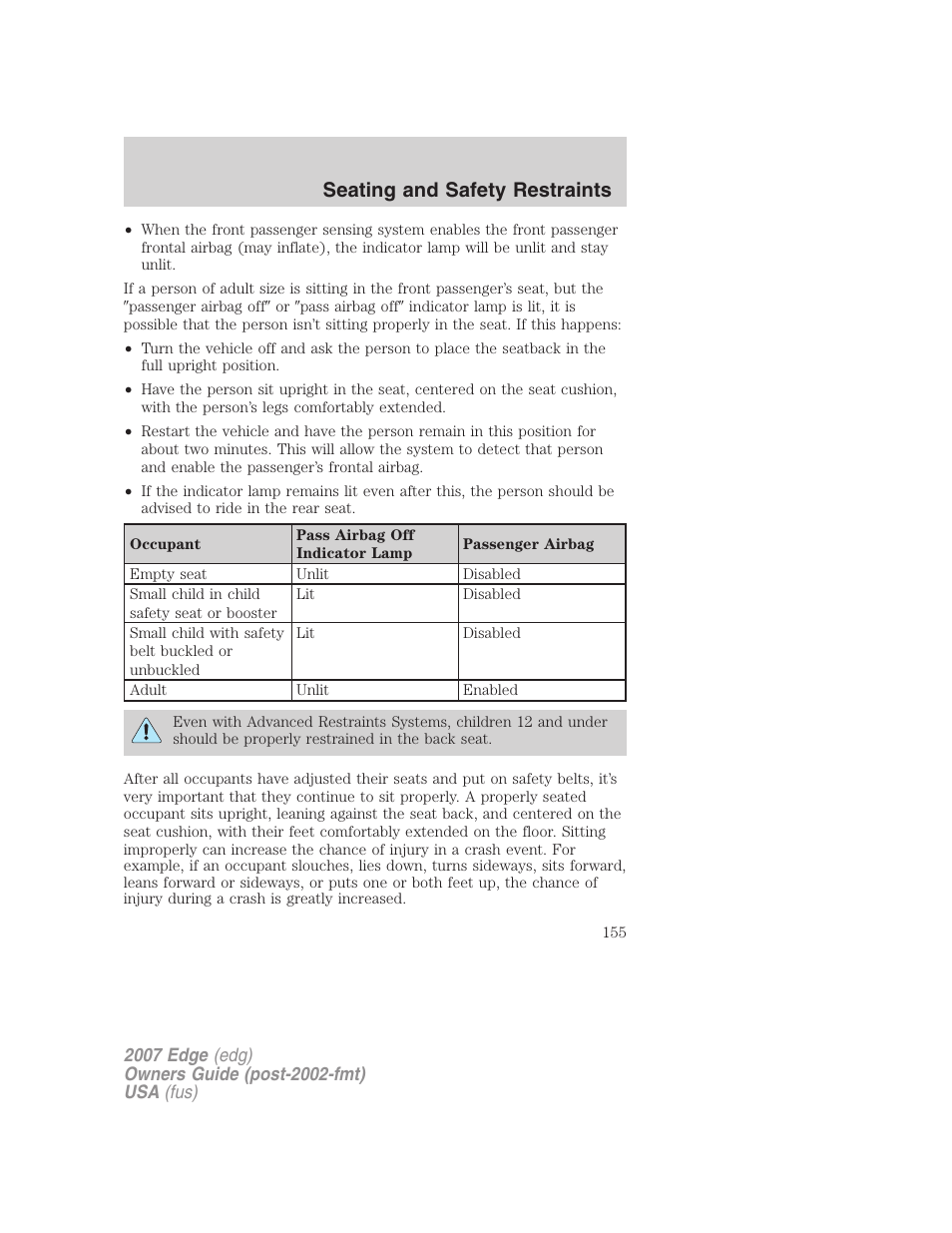 Seating and safety restraints | FORD 2007 Edge v.1 User Manual | Page 155 / 312