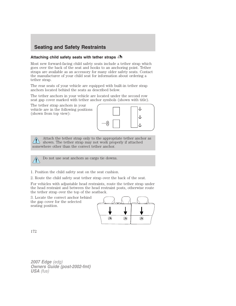 Attaching child safety seats with tether straps, Seating and safety restraints | FORD 2007 Edge v.1 User Manual | Page 172 / 312