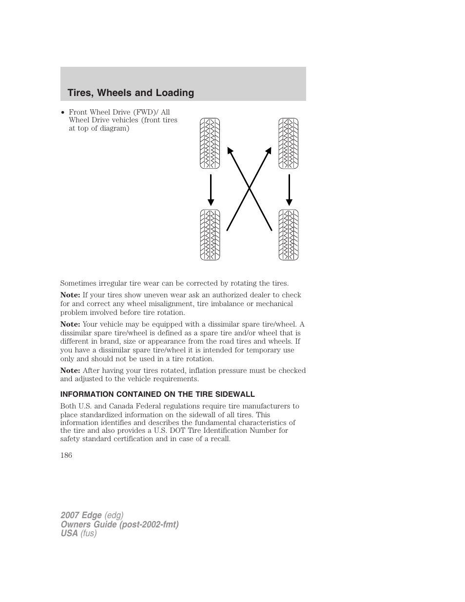 Information contained on the tire sidewall, Tires, wheels and loading | FORD 2007 Edge v.1 User Manual | Page 186 / 312