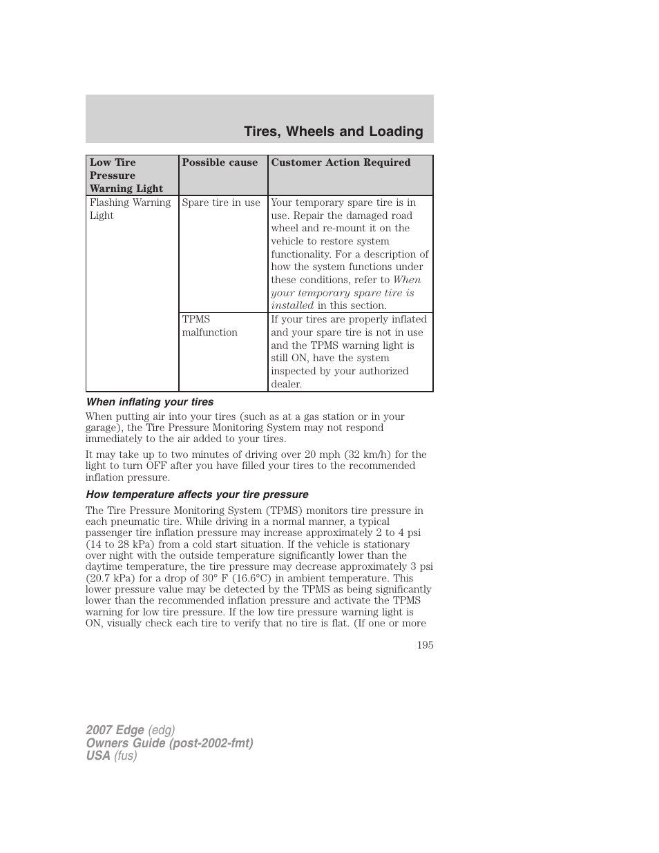 When inflating your tires, How temperature affects your tire pressure, Tires, wheels and loading | FORD 2007 Edge v.1 User Manual | Page 195 / 312