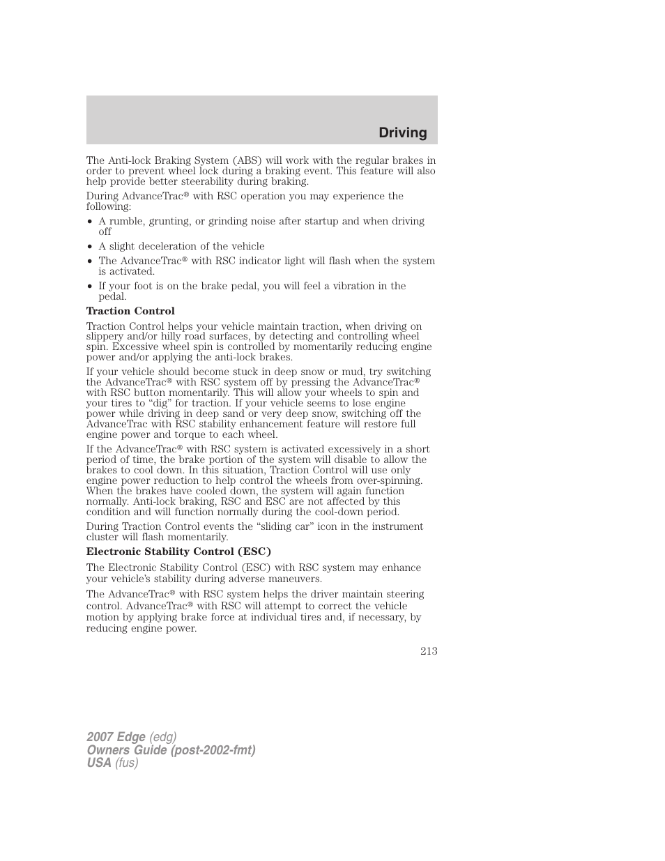 Driving | FORD 2007 Edge v.1 User Manual | Page 213 / 312