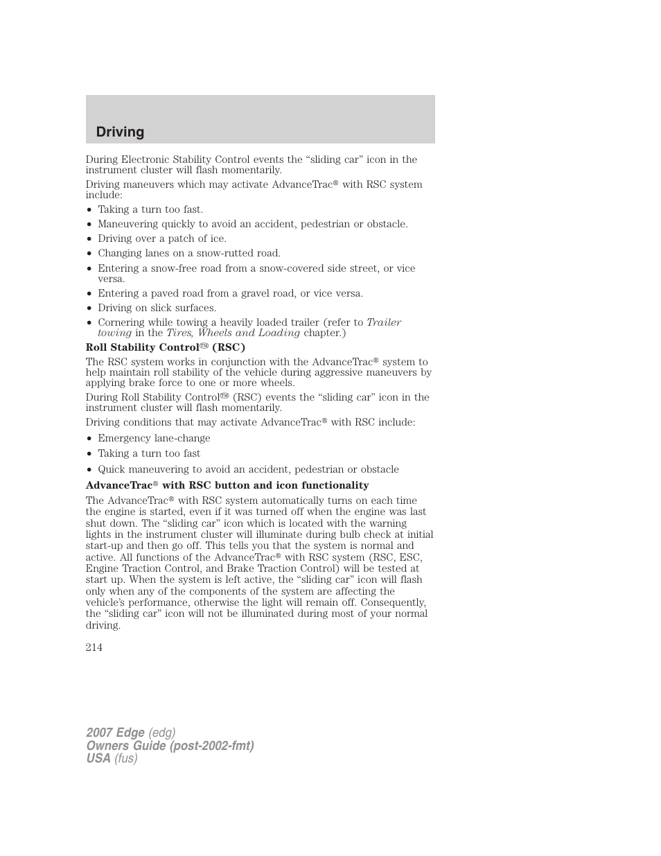 Driving | FORD 2007 Edge v.1 User Manual | Page 214 / 312