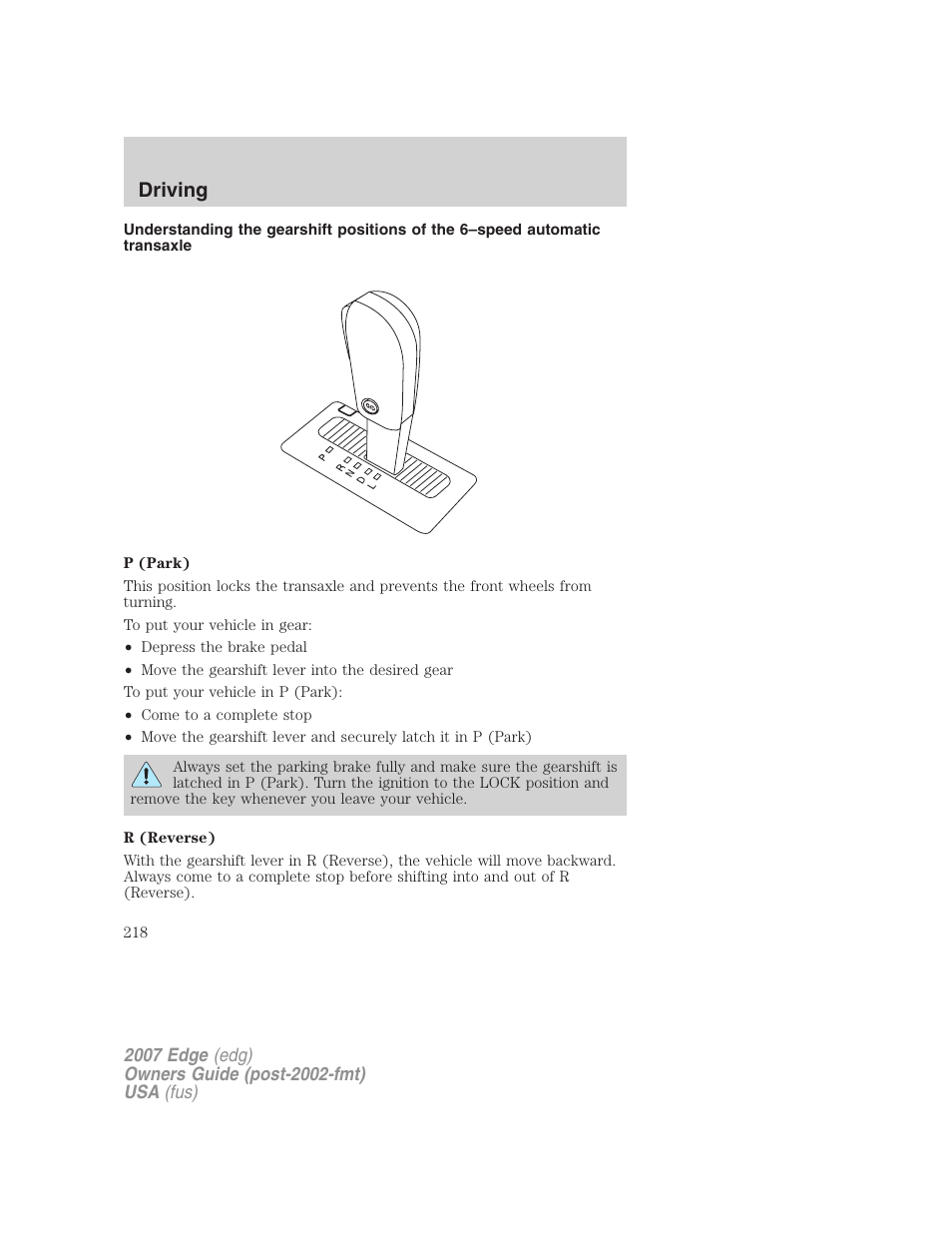 Driving | FORD 2007 Edge v.1 User Manual | Page 218 / 312