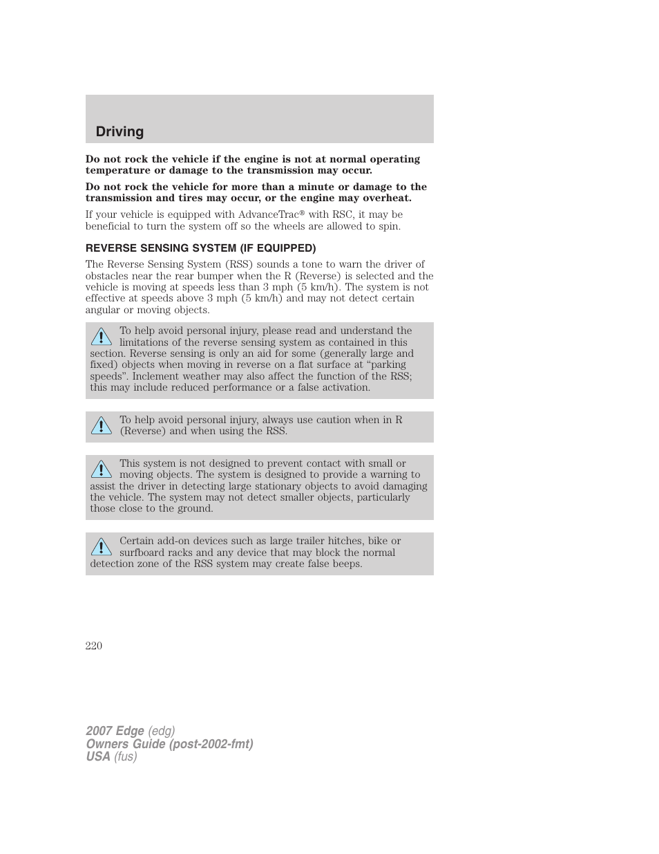 Reverse sensing system (if equipped), Driving | FORD 2007 Edge v.1 User Manual | Page 220 / 312