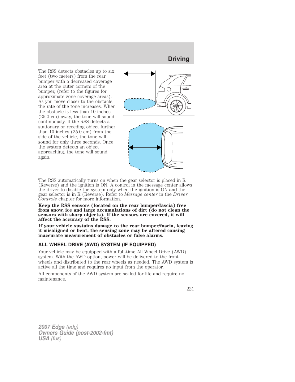 All wheel drive (awd) system (if equipped), Driving | FORD 2007 Edge v.1 User Manual | Page 221 / 312