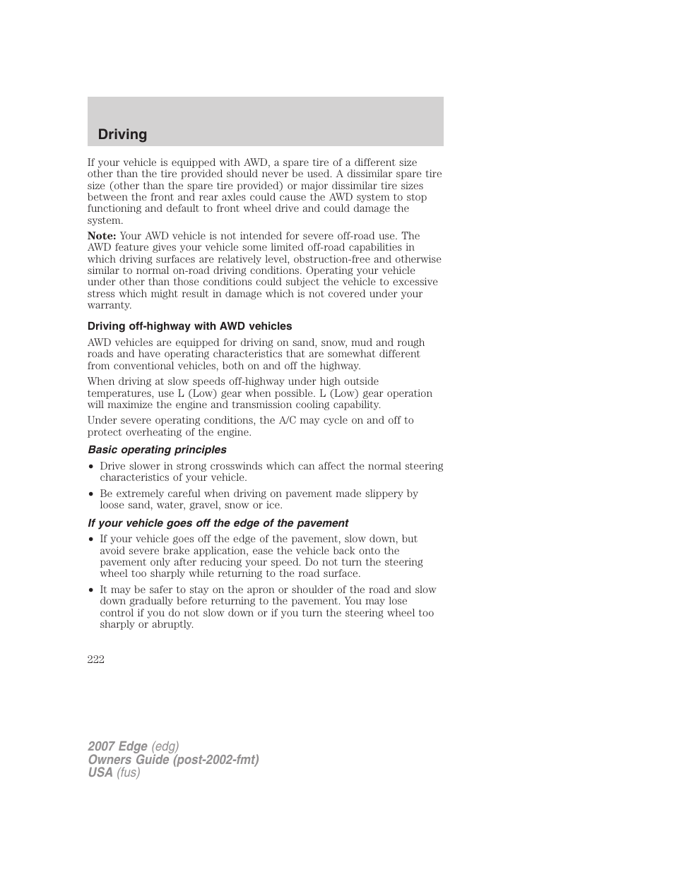 Driving off-highway with awd vehicles, Basic operating principles, If your vehicle goes off the edge of the pavement | Driving | FORD 2007 Edge v.1 User Manual | Page 222 / 312