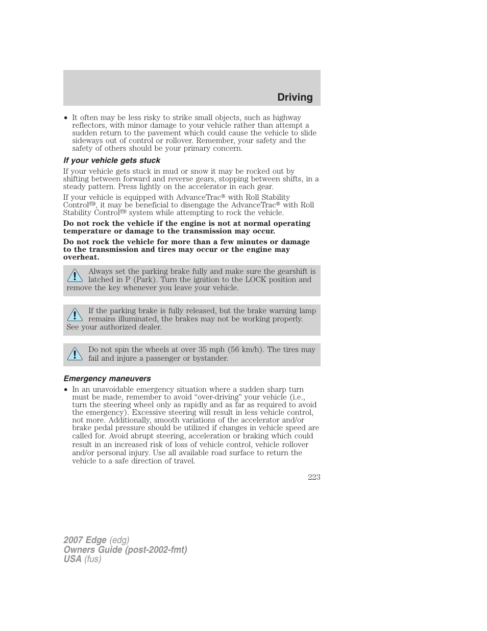 If your vehicle gets stuck, Emergency maneuvers, Driving | FORD 2007 Edge v.1 User Manual | Page 223 / 312