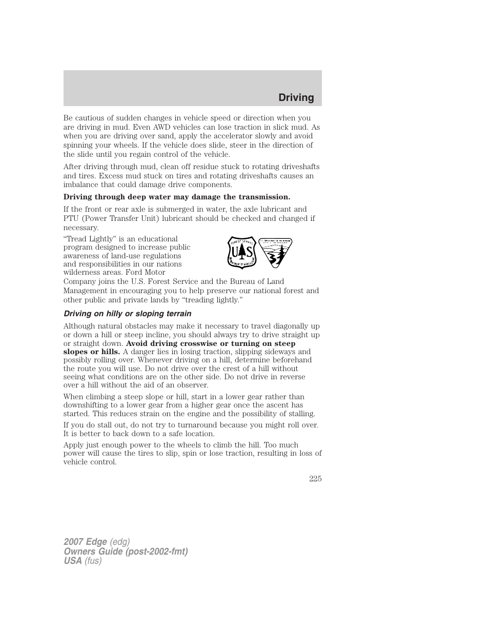 Driving on hilly or sloping terrain, Driving | FORD 2007 Edge v.1 User Manual | Page 225 / 312