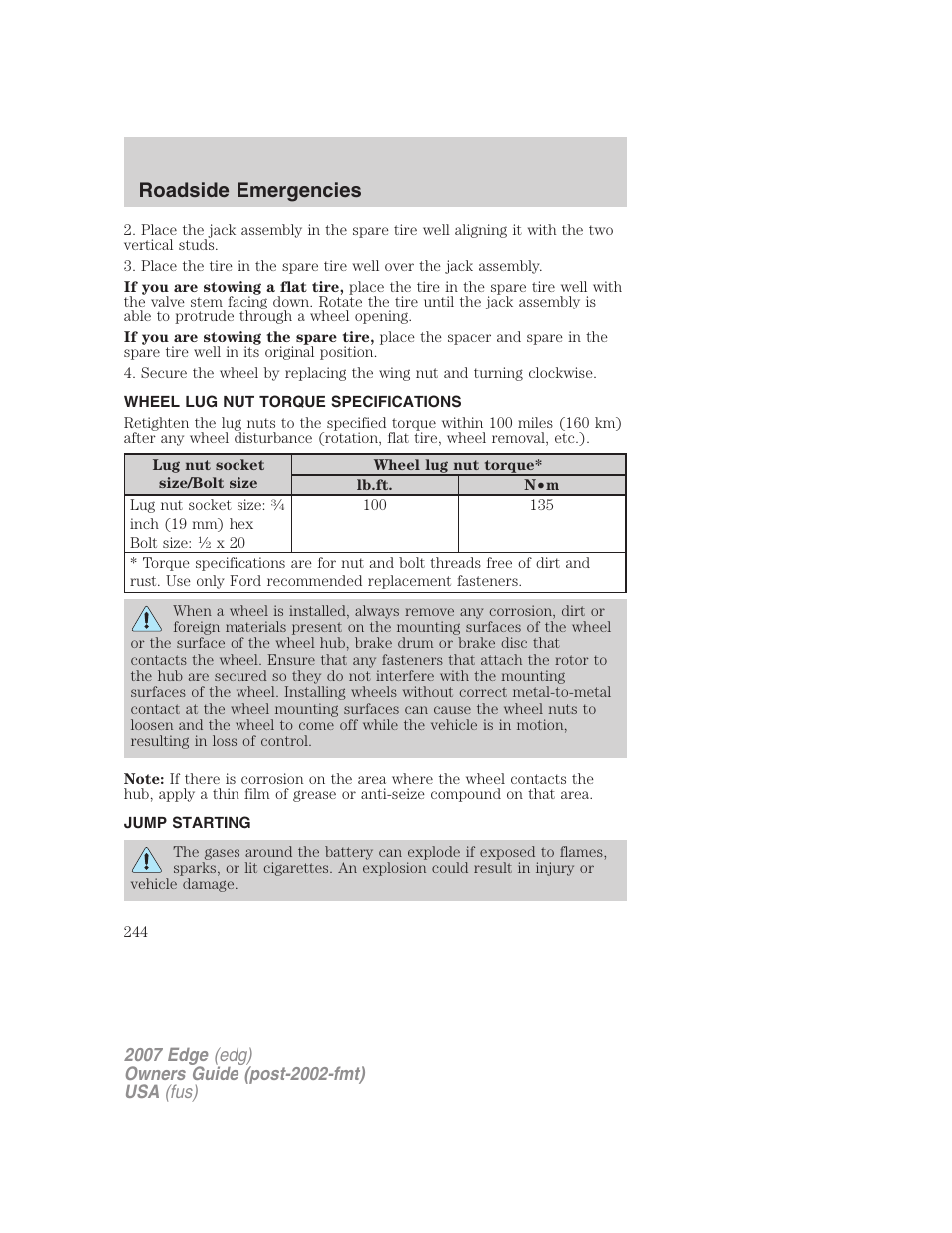 Wheel lug nut torque specifications, Jump starting, Lug nut torque | Roadside emergencies | FORD 2007 Edge v.1 User Manual | Page 244 / 312