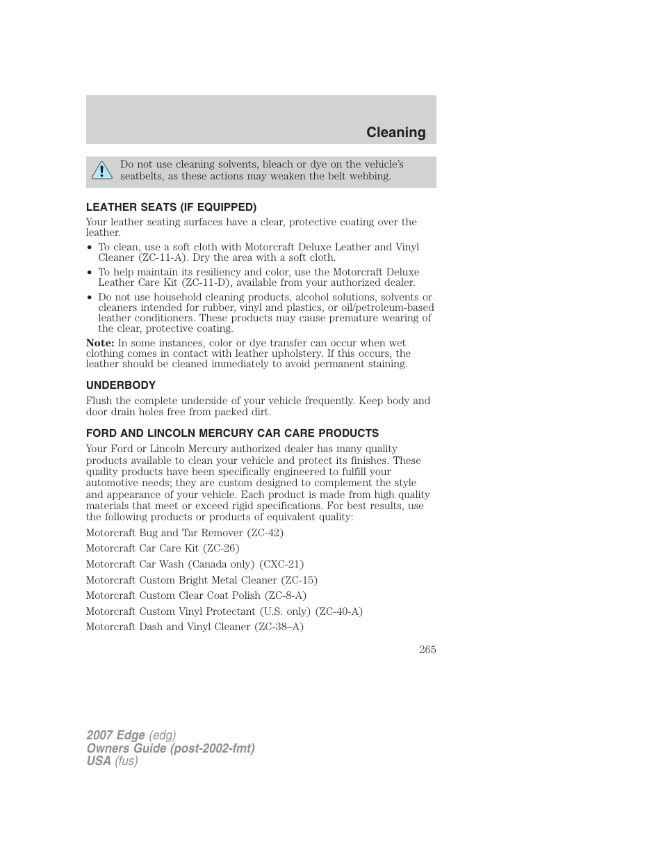 Leather seats (if equipped), Underbody, Ford and lincoln mercury car care products | Cleaning | FORD 2007 Edge v.1 User Manual | Page 265 / 312