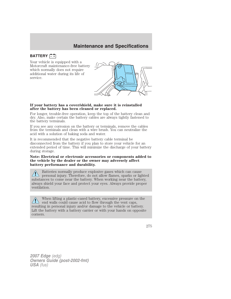 Battery, Maintenance and specifications | FORD 2007 Edge v.1 User Manual | Page 275 / 312