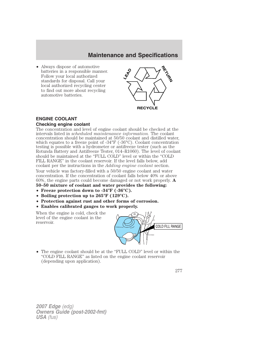 Engine coolant, Checking engine coolant, Maintenance and specifications | FORD 2007 Edge v.1 User Manual | Page 277 / 312