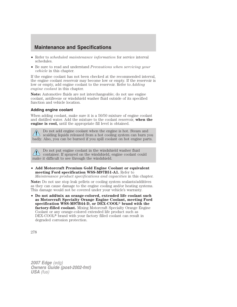 Adding engine coolant, Maintenance and specifications | FORD 2007 Edge v.1 User Manual | Page 278 / 312